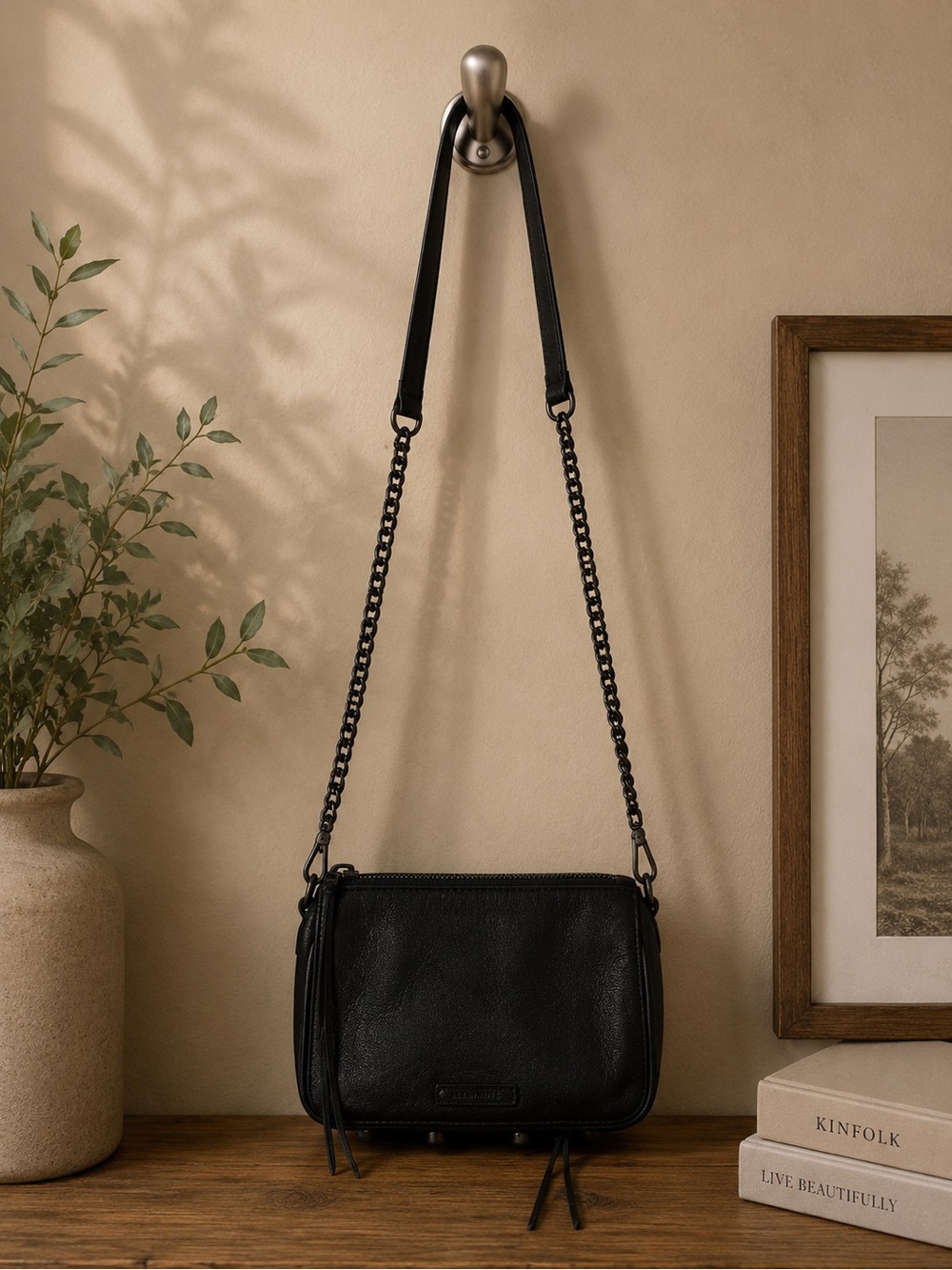 Rebecca Minkoff Avery Black Saffiano Leather Crossbody Bag Chain Strap Tassel
